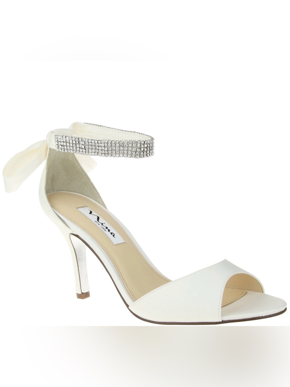 IVORY SATIN SANDALS WITH ADJUSTABLE RHINESTONE ANKLE-BRACELET